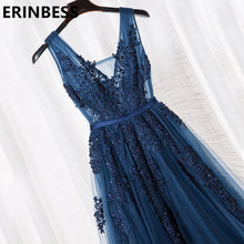 Load image into Gallery viewer, Vestido De Festa V Neck Cap Sleeve Vintage Lace Appliques Beaded Navy Blue Bridesmaid Dresses Women Formal Party Gowns