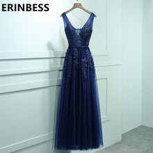 Load image into Gallery viewer, Vestido De Festa V Neck Cap Sleeve Vintage Lace Appliques Beaded Navy Blue Bridesmaid Dresses Women Formal Party Gowns