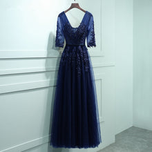 Load image into Gallery viewer, Vestido De Festa V Neck Cap Sleeve Vintage Lace Appliques Beaded Navy Blue Bridesmaid Dresses Women Formal Party Gowns