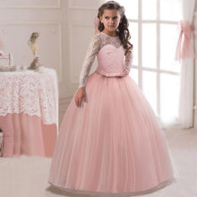 Load image into Gallery viewer, Flower Girl's Birthday Banquet Long Sleeve Lace Stitching Dress Elegant Girl's Wedding Long White Butterfly Lace Loop Dress