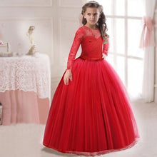 Load image into Gallery viewer, Flower Girl's Birthday Banquet Long Sleeve Lace Stitching Dress Elegant Girl's Wedding Long White Butterfly Lace Loop Dress