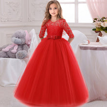Load image into Gallery viewer, Flower Girl's Birthday Banquet Long Sleeve Lace Stitching Dress Elegant Girl's Wedding Long White Butterfly Lace Loop Dress