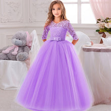 Load image into Gallery viewer, Flower Girl's Birthday Banquet Long Sleeve Lace Stitching Dress Elegant Girl's Wedding Long White Butterfly Lace Loop Dress